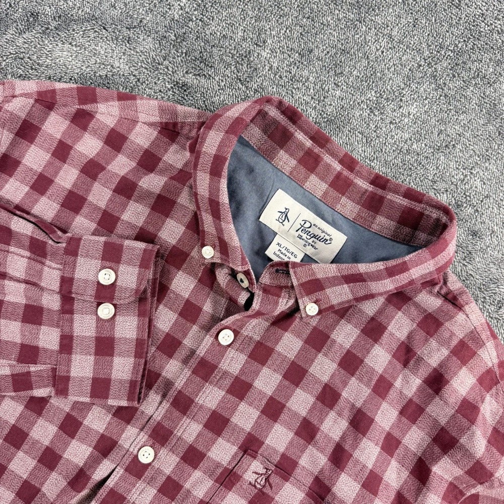 Original Penguin Mens XL Gingham Check Button Down Shirt Burgundy Long Sleeve